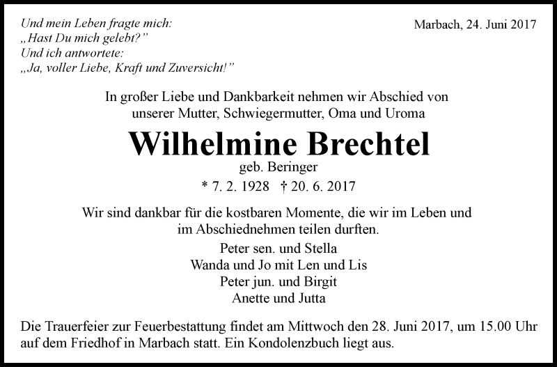  Traueranzeige für Wilhelmine Brechtel vom 24.06.2017 aus Marbacher Zeitung