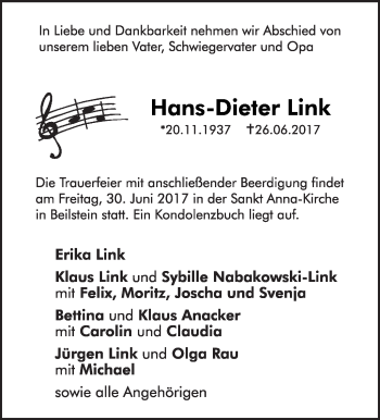 Traueranzeige von Hans-Dieter Link von Marbacher Zeitung
