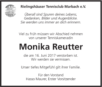 Traueranzeige von Monika Reutter von Marbacher Zeitung