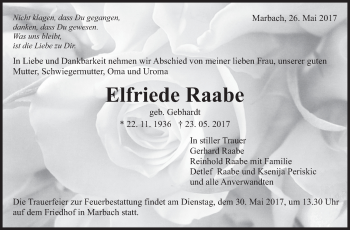 Traueranzeige von Elfriede Raabe von Marbacher Zeitung