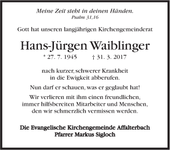 Traueranzeige von Hans-Jürgen Waiblinger von Marbacher Zeitung