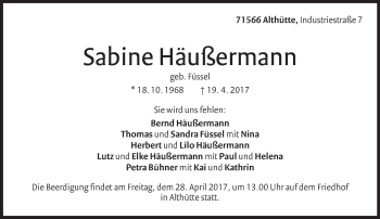 Traueranzeige von Sabine Häußermann von Marbacher Zeitung
