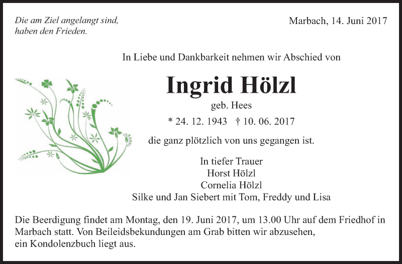  Traueranzeige für Ingrid Hölzl vom 14.06.2017 aus Marbacher Zeitung
