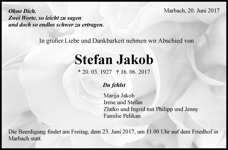  Traueranzeige für Stefan Jakob vom 20.06.2017 aus Marbacher Zeitung