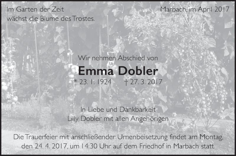  Traueranzeige für Emma Dobler vom 21.04.2017 aus Marbacher Zeitung