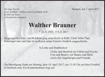 Traueranzeige von Walther Brauner von Marbacher Zeitung