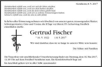 Traueranzeige von Gertrud Fischer von Marbacher Zeitung