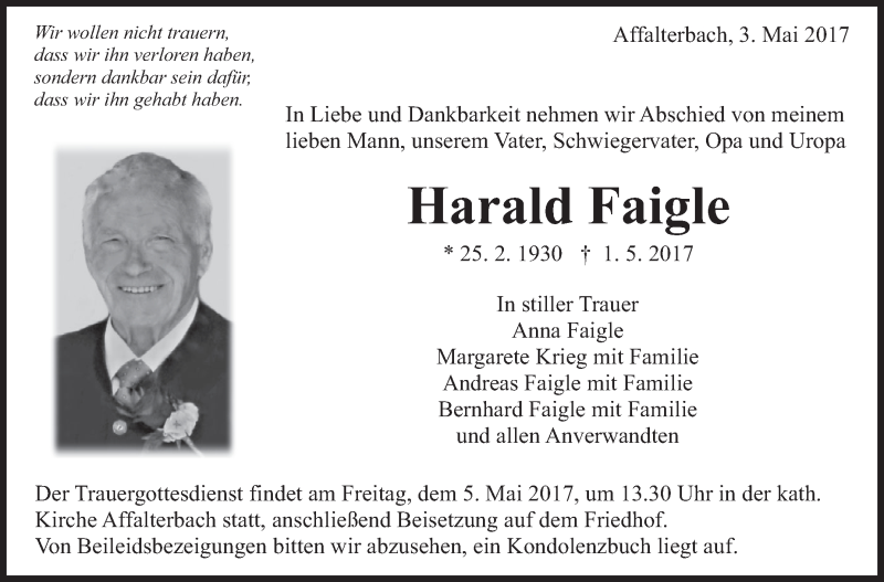  Traueranzeige für Harald Faigle vom 03.05.2017 aus Marbacher Zeitung