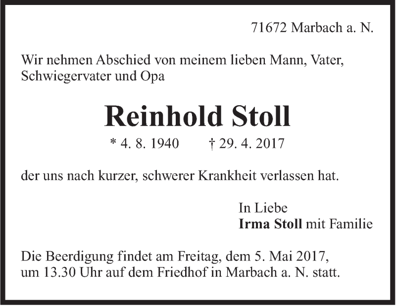  Traueranzeige für Reinhold Stoll vom 03.05.2017 aus Marbacher Zeitung