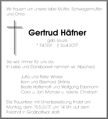 Traueranzeige von Gertrud Häfner von Marbacher Zeitung