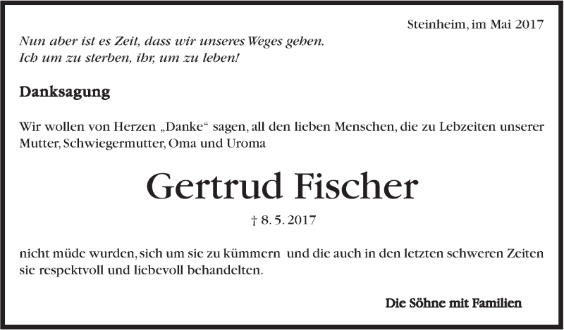  Traueranzeige für Gertrud Fischer vom 20.05.2017 aus Marbacher Zeitung