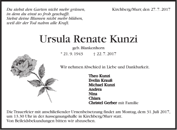 Traueranzeige von Ursula Renate Kunzi von Marbacher Zeitung
