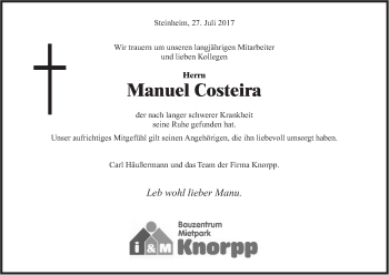 Traueranzeige von Manuel Costeira von Marbacher Zeitung