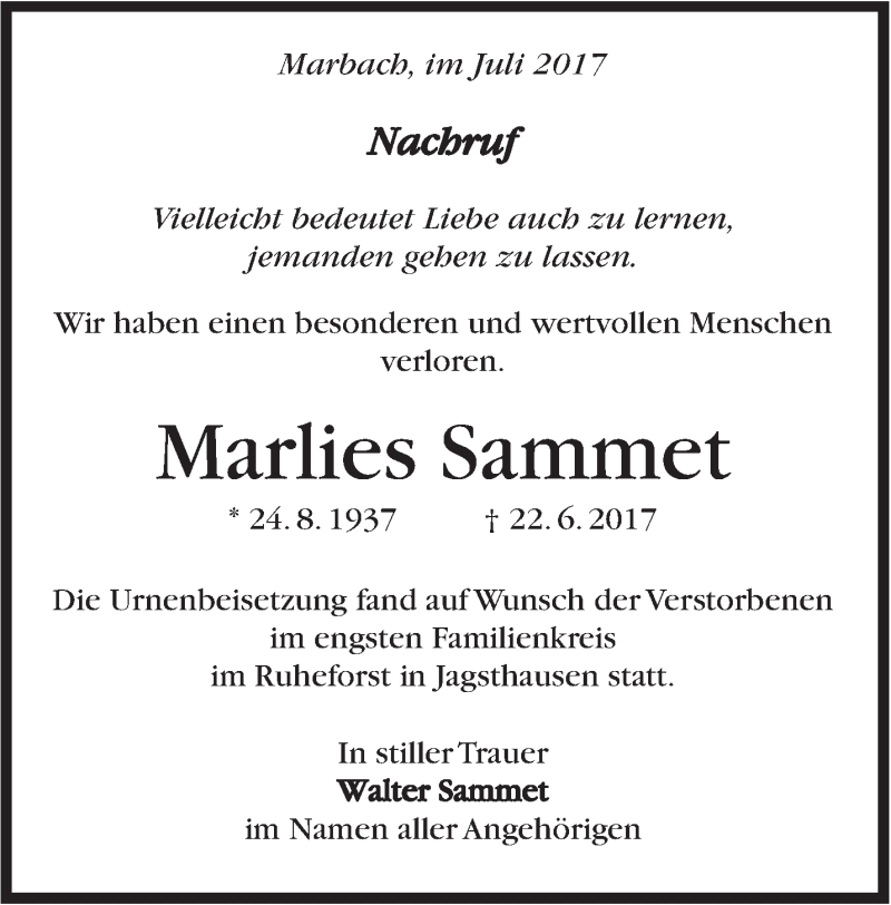  Traueranzeige für Marlies Sammet vom 22.07.2017 aus Marbacher Zeitung