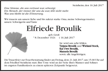 Traueranzeige von Elfriede Broulik von Marbacher Zeitung