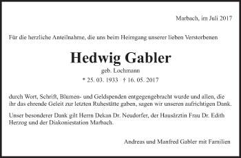 Traueranzeige von Hedwig Gabler von Marbacher Zeitung