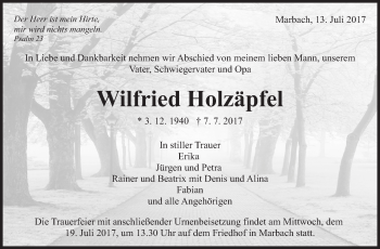 Traueranzeige von Wilfried Holzäpfel von Marbacher Zeitung