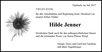 Traueranzeige von Hilde Jenner von Marbacher Zeitung