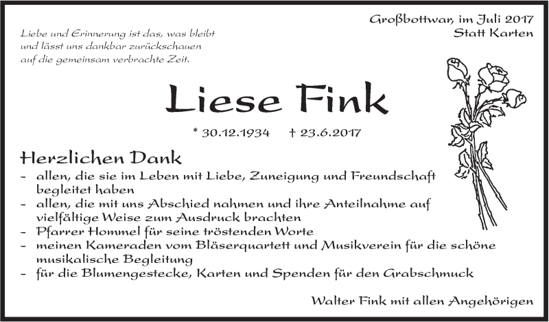  Traueranzeige für Liese Fink vom 06.07.2017 aus Marbacher Zeitung