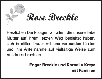 Traueranzeige von Rose Breckle von Marbacher Zeitung
