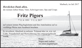Traueranzeige von Fritz Pigors von Marbacher Zeitung