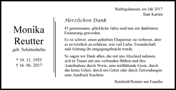 Traueranzeige von Monika Reutter von Marbacher Zeitung