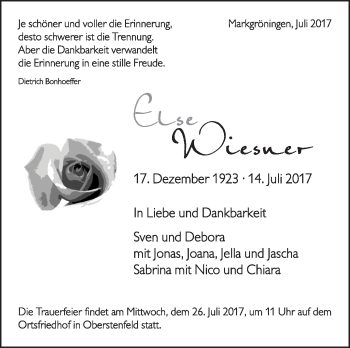 Traueranzeige von Else Wiesner von Marbacher Zeitung