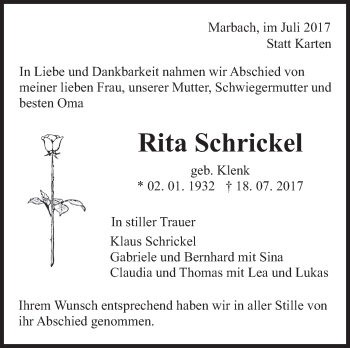 Traueranzeige von Rita Schrickel von Marbacher Zeitung
