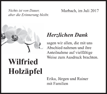 Traueranzeige von Wilfried Holzäpfel von Marbacher Zeitung
