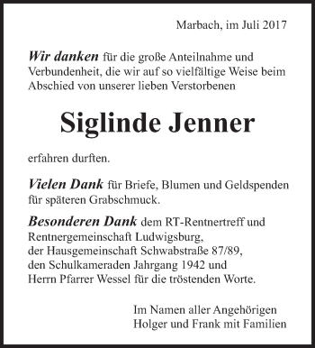 Traueranzeige von Siglinde Jenner von Marbacher Zeitung