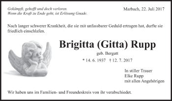Traueranzeige von Brigitta Rupp von Marbacher Zeitung