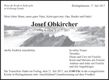 Traueranzeige von Josef Obkircher von Marbacher Zeitung