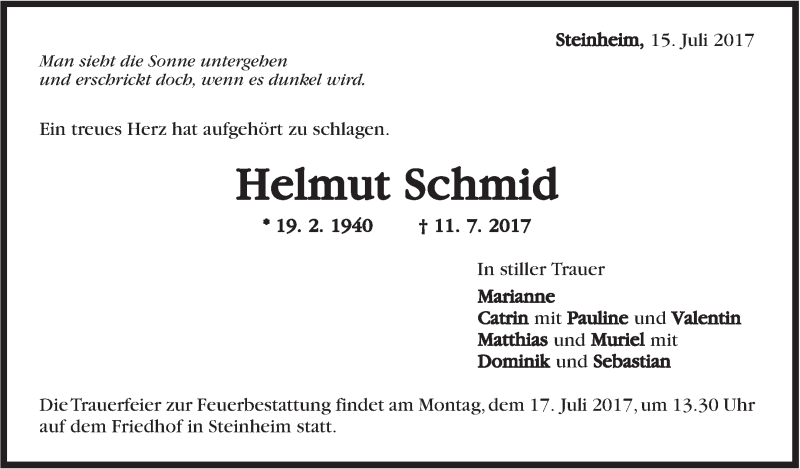  Traueranzeige für Helmut Schmid vom 15.07.2017 aus Marbacher Zeitung