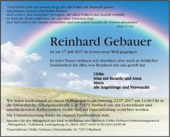 Traueranzeige von Reinhard Gebauer von Marbacher Zeitung