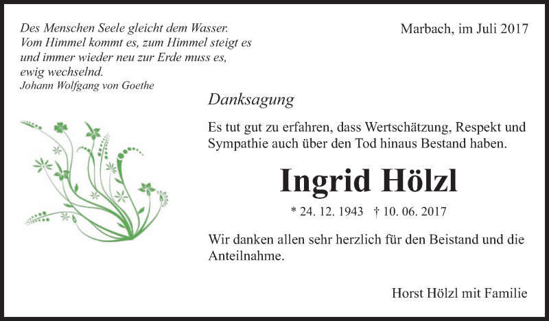  Traueranzeige für Ingrid Hölzl vom 08.07.2017 aus Marbacher Zeitung