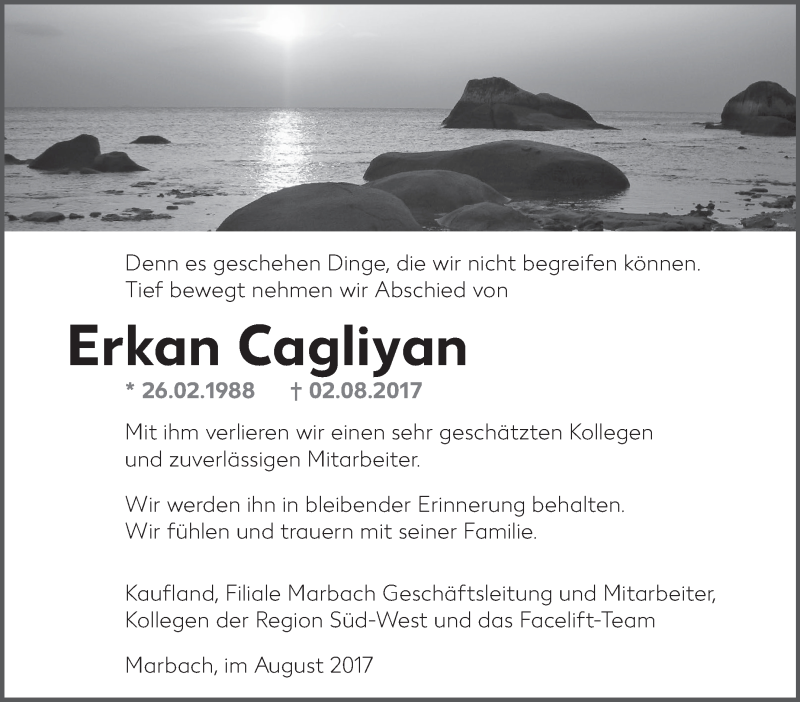  Traueranzeige für Erkan Cagliyan vom 21.08.2017 aus Marbacher Zeitung