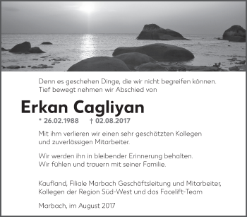Traueranzeige von Erkan Cagliyan von Marbacher Zeitung