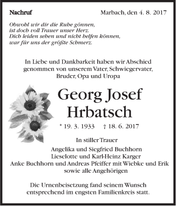 Traueranzeige von Georg Josef Hrbatsch von Marbacher Zeitung