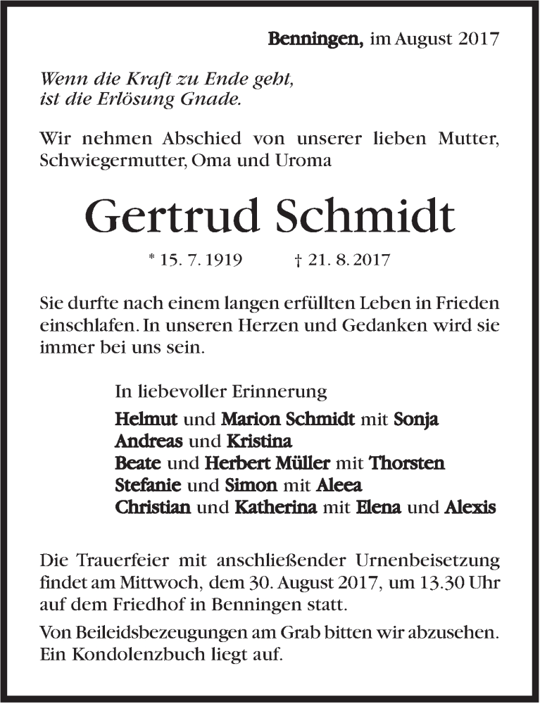  Traueranzeige für Gertrud Schmidt vom 26.08.2017 aus Marbacher Zeitung