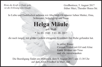 Traueranzeige von Helga Mäule von Marbacher Zeitung