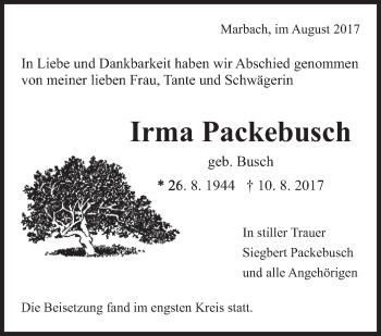 Traueranzeige von Irma Packebusch von Marbacher Zeitung
