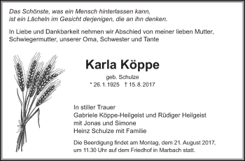 Traueranzeige von Karla Köppe von Marbacher Zeitung
