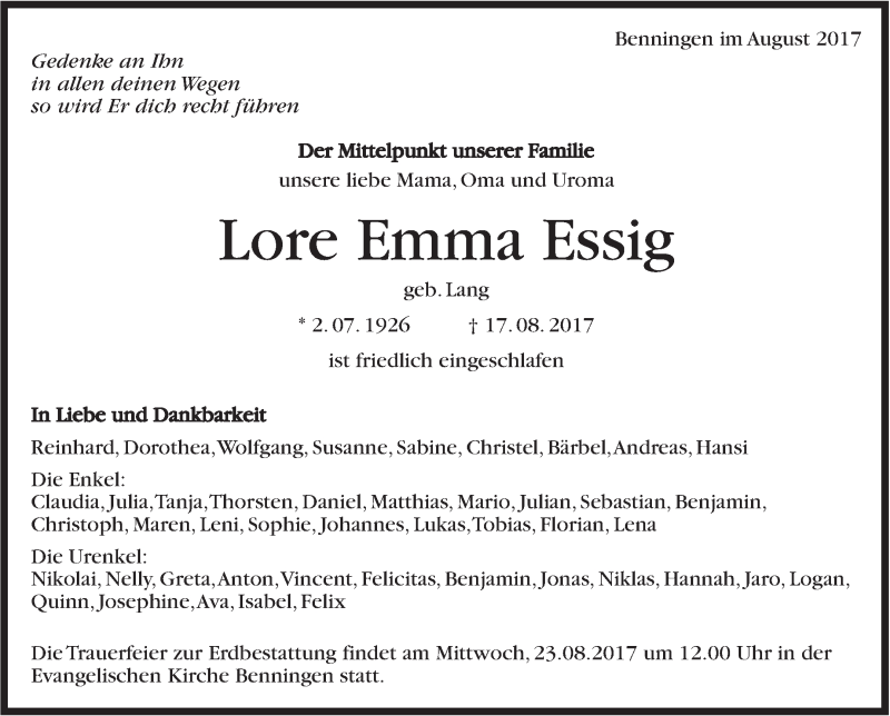  Traueranzeige für Lore Emma Essig vom 19.08.2017 aus Marbacher Zeitung