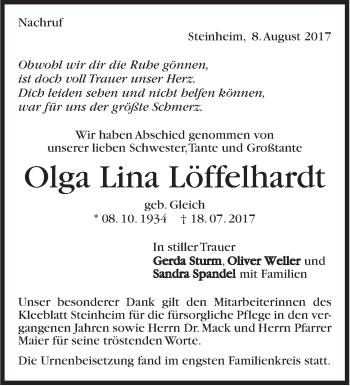 Traueranzeige von Olga Lina Löffelhardt von Marbacher Zeitung