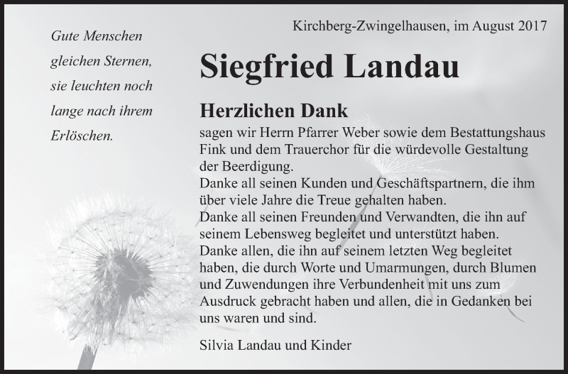  Traueranzeige für Siegfried Landau vom 31.08.2017 aus Marbacher Zeitung