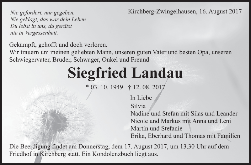  Traueranzeige für Siegfried Landau vom 16.08.2017 aus Marbacher Zeitung