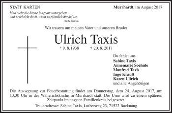 Traueranzeige von Ulrich Taxis von Marbacher Zeitung