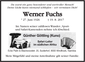 Traueranzeige von Werner Fuchs von Marbacher Zeitung