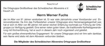 Traueranzeige von Werner Fuchs von Marbacher Zeitung