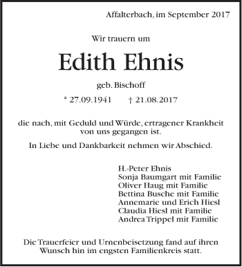 Traueranzeige von Edith Ehnis von Marbacher Zeitung